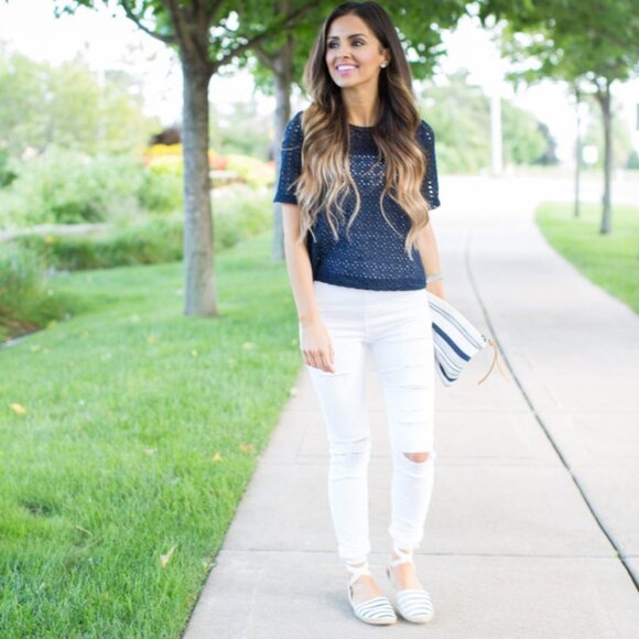 LOFT Geo Mix Eyelet Short Sleeve Navy Top - Picture 5 of 15
